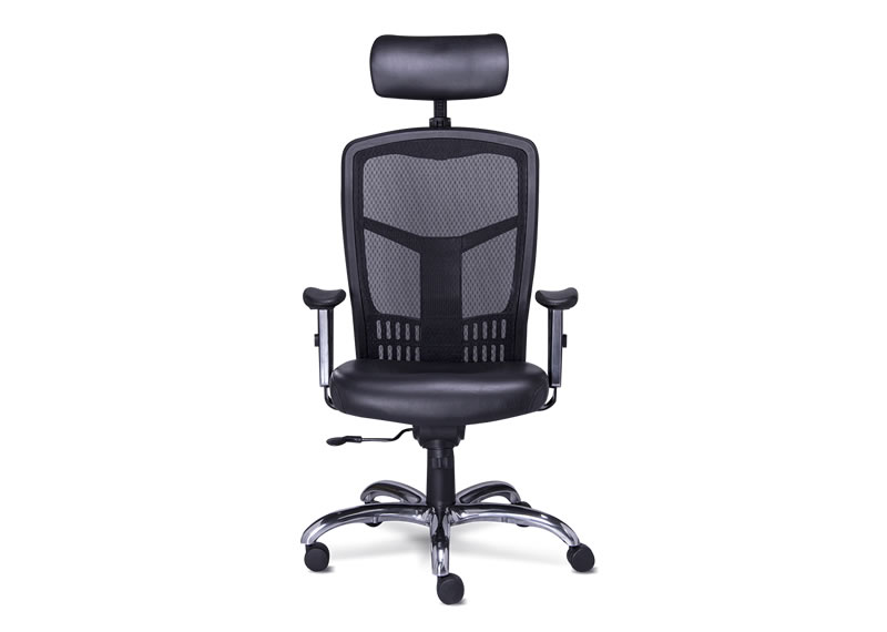 Sillón gerencial tapizado en malla con cabecera en piel