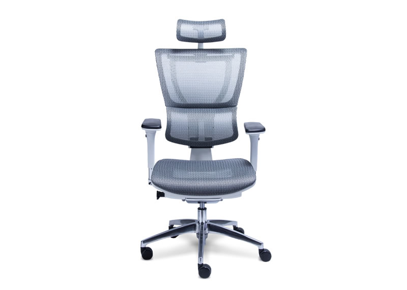 Silla ejecutiva de oficina en mesh gris, asiento con sistema slider