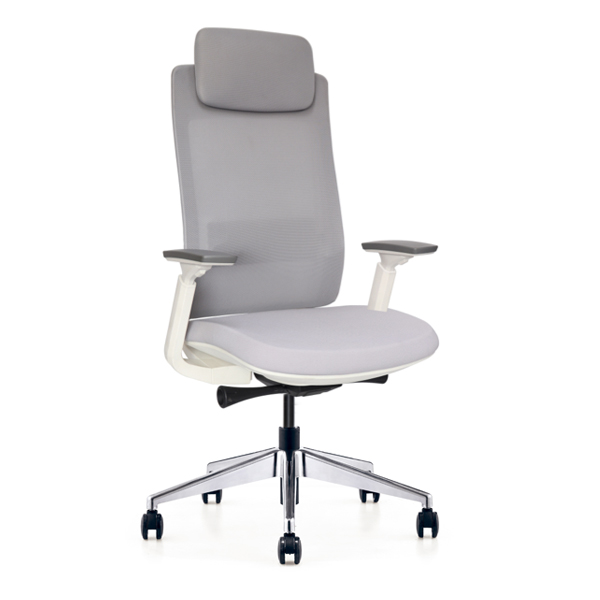 Silla pamplona con estructura blanca y malla gris con cabecera