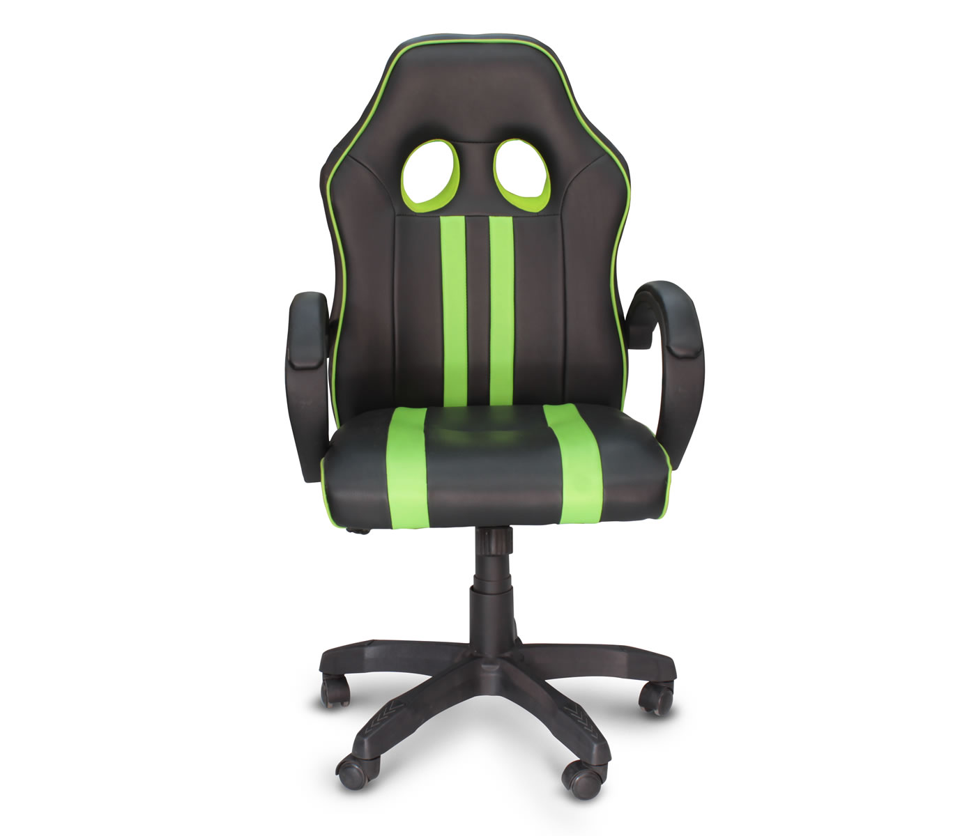 Silla gamer negra con detalles verdes y brazos acojinados