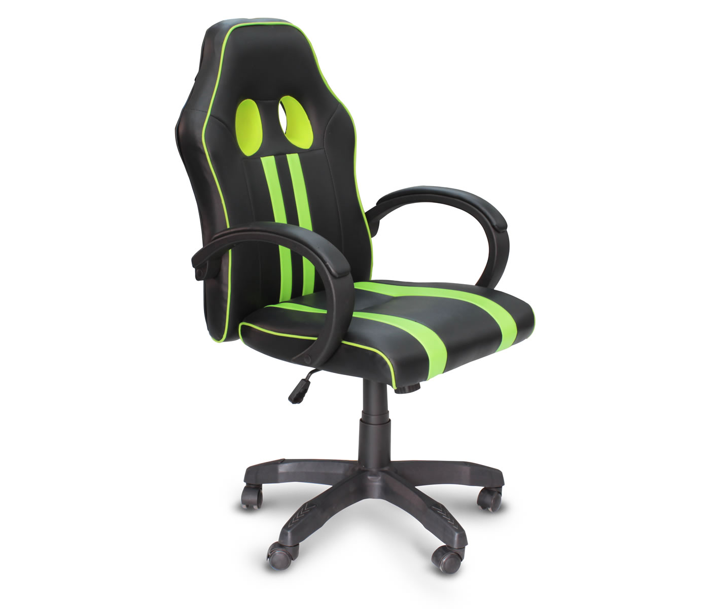 Silla gamer negra con detalles verdes y brazos acojinados
