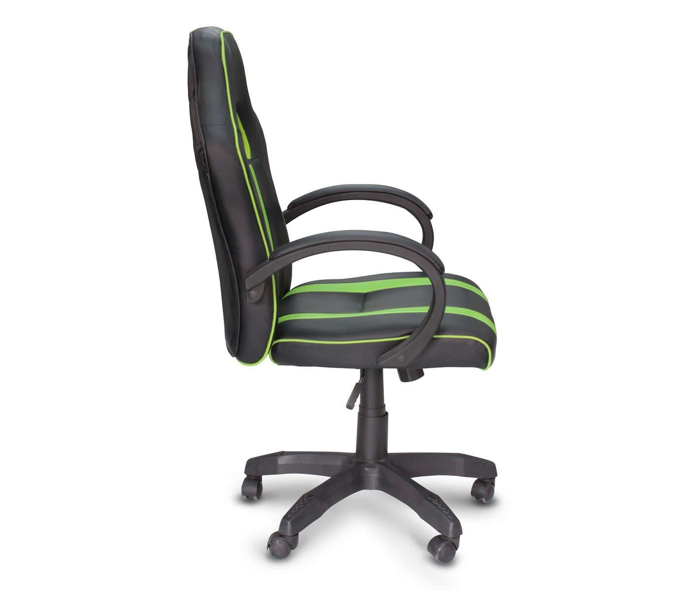 Silla gamer negra con detalles verdes y brazos acojinados