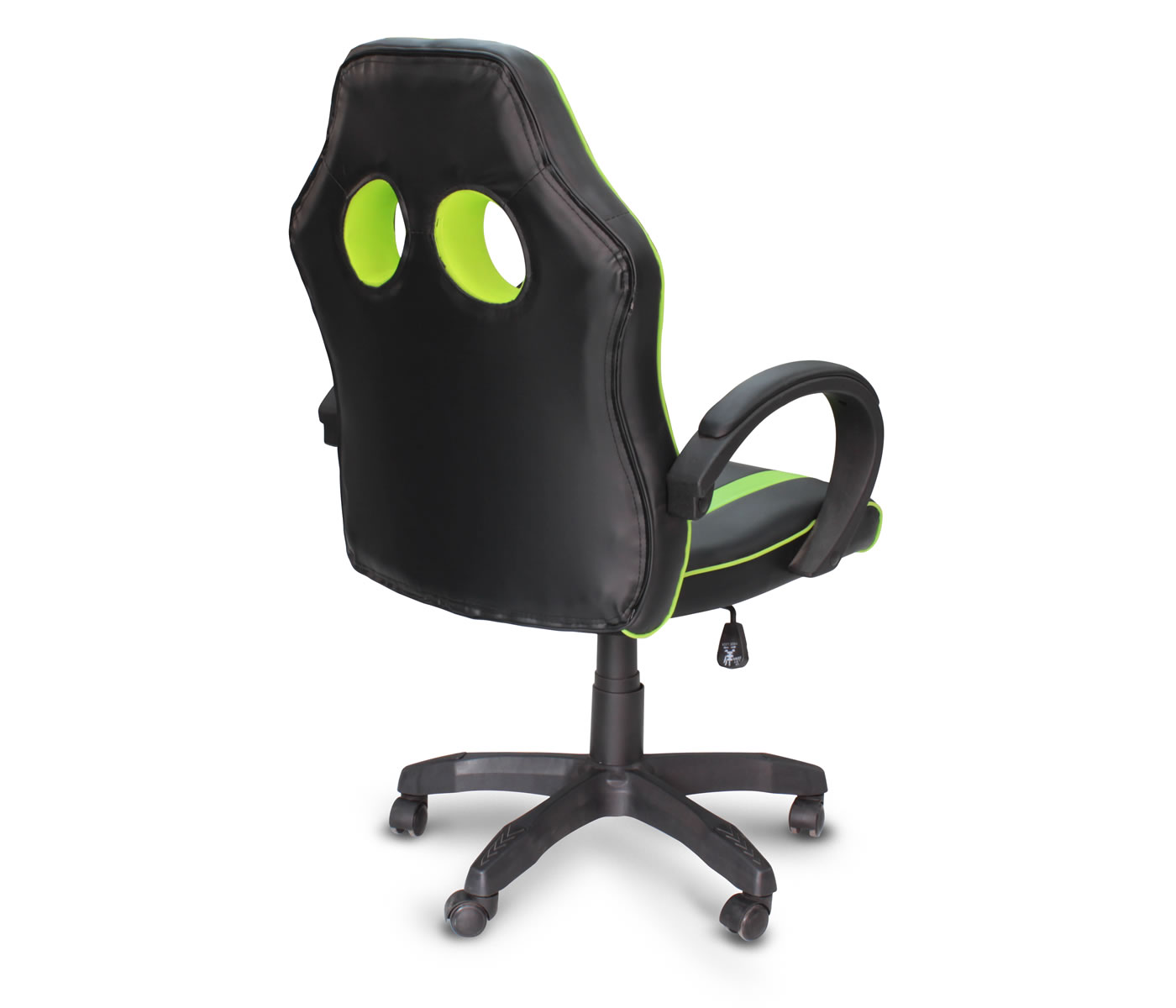 Silla gamer negra con detalles verdes y brazos acojinados