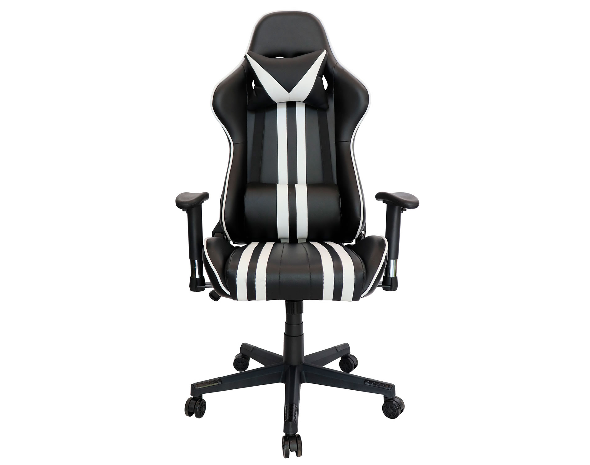 Silla gamer negro con blanco y almohadillas diseño moderno y elegante