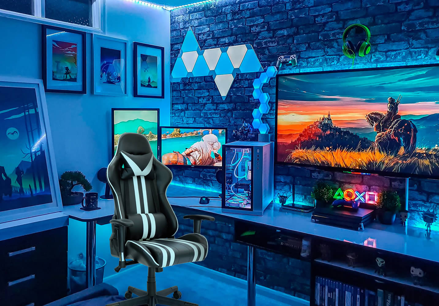 Silla gamer negro con blanco y almohadillas diseño moderno y elegante