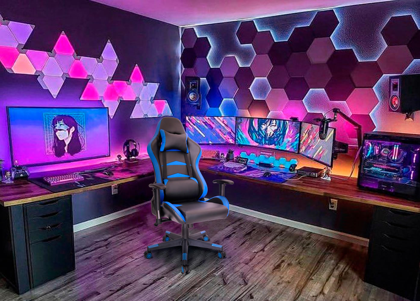 Sillón gamer negro con azul diseño ergonómico para largas jornadas de juego