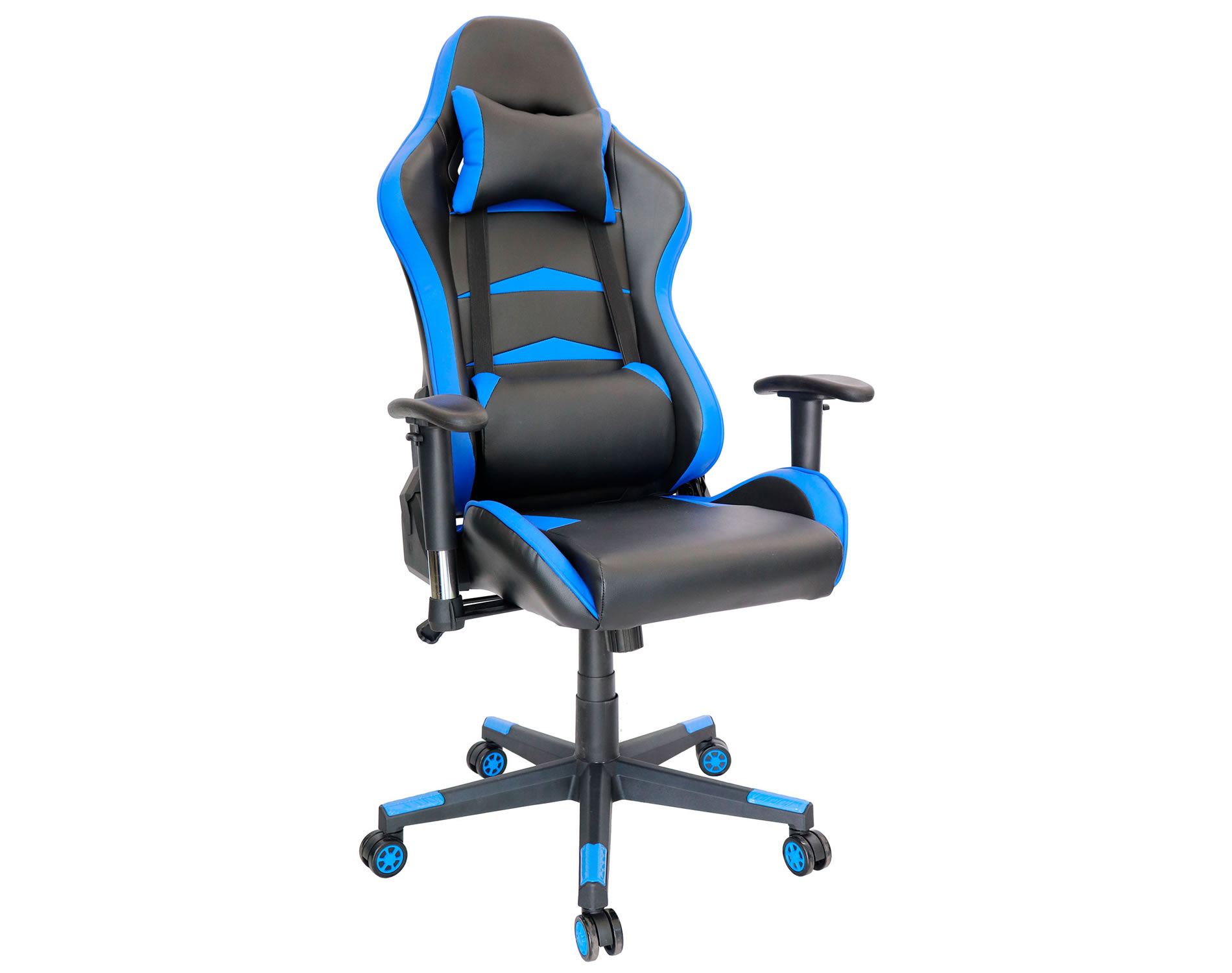 Sillón gamer negro con azul diseño ergonómico para largas jornadas de juego