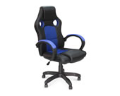Silla gamer negra con detalles azules diseño moderno.
